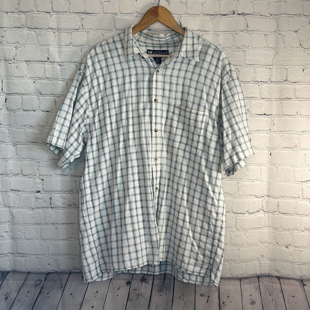 Big Dogs Shirt Mens Button Up Short Sleeve  Plaid‎ Logo Green White size Large